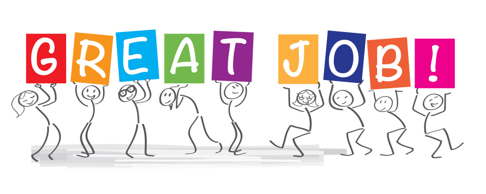 Stick figures holding up a sign that says 'Great Job'